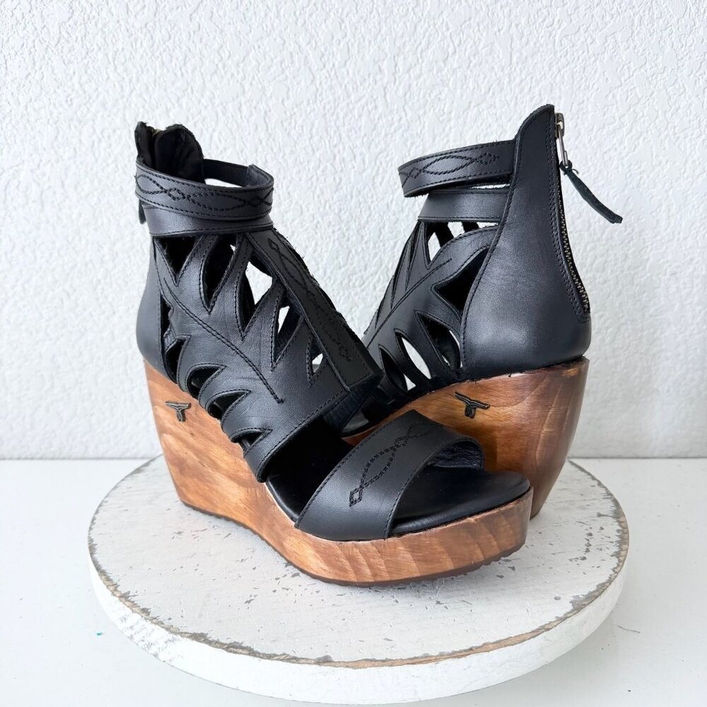 Lane Boots BECCA Womens Black Wedges 8.5 Western Sandals Cowgirl Wooden Heels